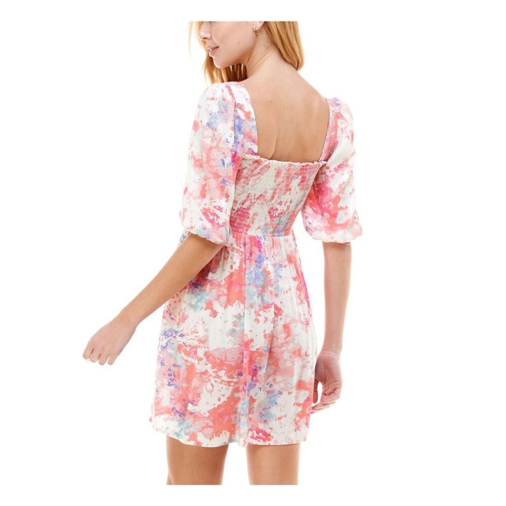 CITY STUDIO Womens Ivory Printed Pouf Sleeve Square Neck Fit + Flare Dress L - Picture 2 of 4